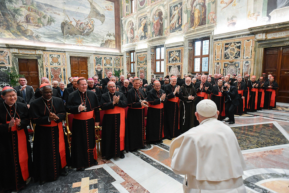 Pope Francis meets with members of the Dicastery for Divine Worship and the Discipline of the Sacraments at the Vatican Feb. 8, 2024, during their plenary meeting. (CNS/Vatican Media)