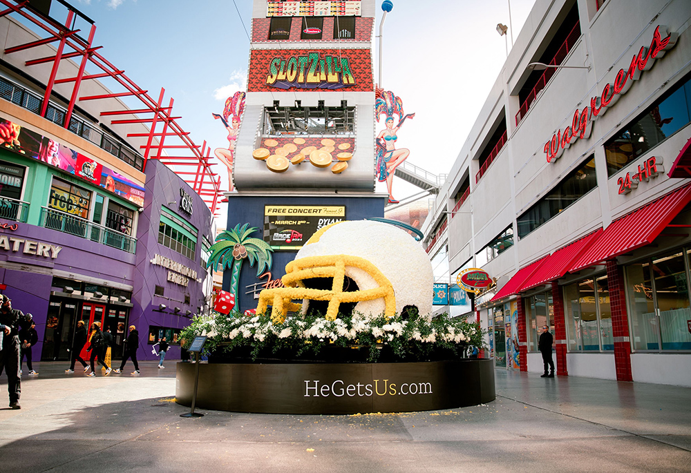 The URL for "He Gets Us" is seen on a display in Las Vegas Feb. 8, 2024, ahead of Super Bowl LVIII between the Kansas City Chiefs and the San Francisco 49ers Feb. 11. (OSV News/He Gets Us)