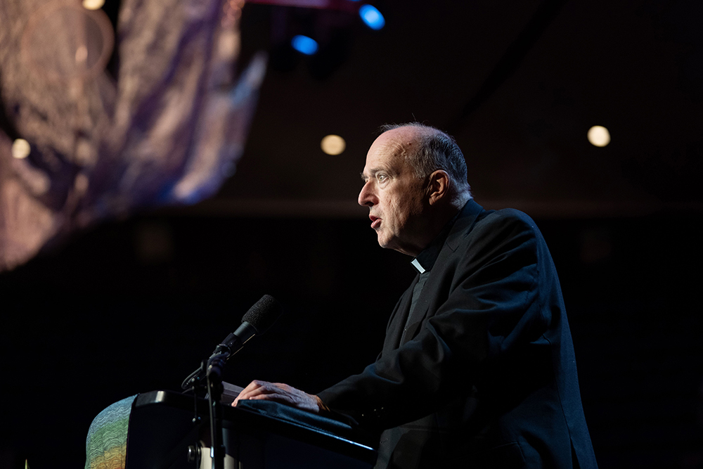 Cardinal Robert McElroy of San Diego speaks about his experience as a delegate to the Synod on Synodality in October 2023 at the Vatican during a talk Feb. 16, 2024, at the Los Angeles Religious Education Congress in Anaheim. (OSV News/Courtesy of Archdiocese of LA Digital Team)
