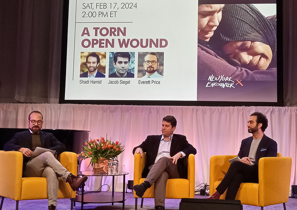 From left: Everett Price, a senior policy adviser at the Commission for Security and Cooperation in Europe; Washington Post columnist Shadi Hamid; and Tablet magazine contributing editor Jacob Siegel participate in a Feb. 17 panel at the 2024 New York Encounter. (Jeannine Pitas)