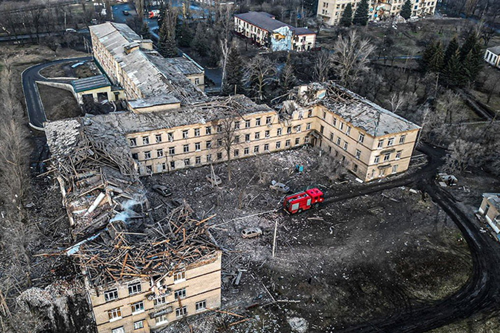 A destroyed residential building is seen in Selydove, in Ukraine's Donetsk region, after a Russian missile attack Feb. 14, 2024. (OSV News/National Police handout via Reuters)