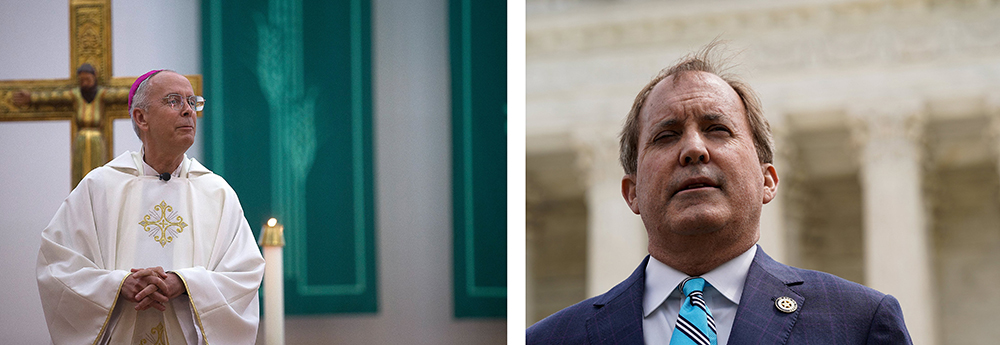 Bishop Mark Seitz of El Paso, Texas, and Texas Attorney General Ken Paxton are pictured in a combination photo. Annunciation House held a press conference Feb. 23, 2024, to address its position in response to Paxton's efforts to shut it down and stop its ministry to migrants. (OSV News/Reuters/Tyler Orsburn/Elizabeth Frantz)