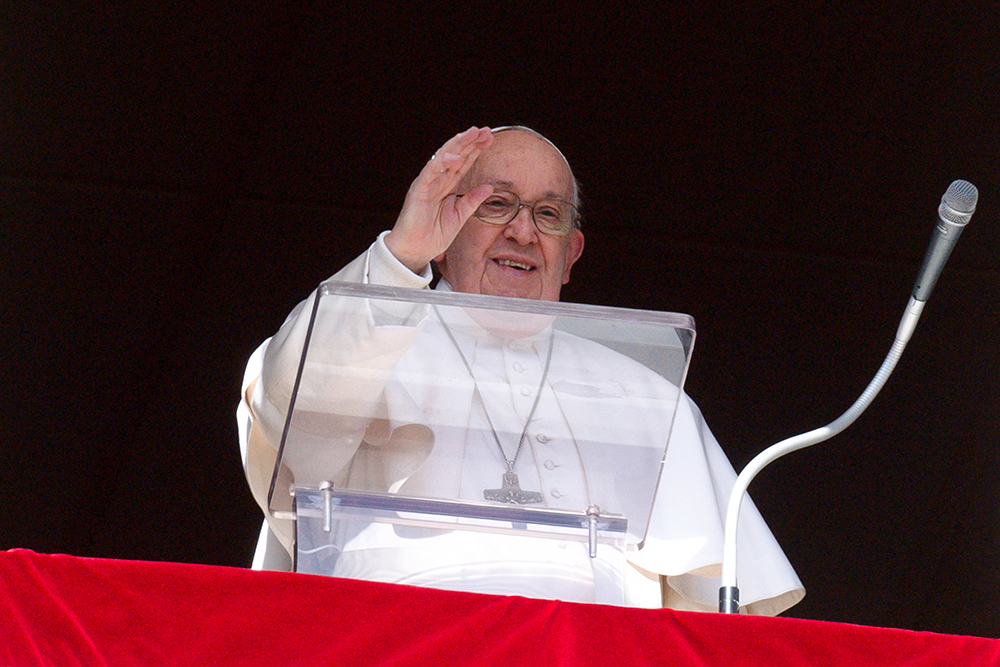 Pope Francis greets visitors gathered to pray the Angelus in St. Peter’s Square at the Vatican Feb. 25, 2024. (CNS/Vatican Media) 