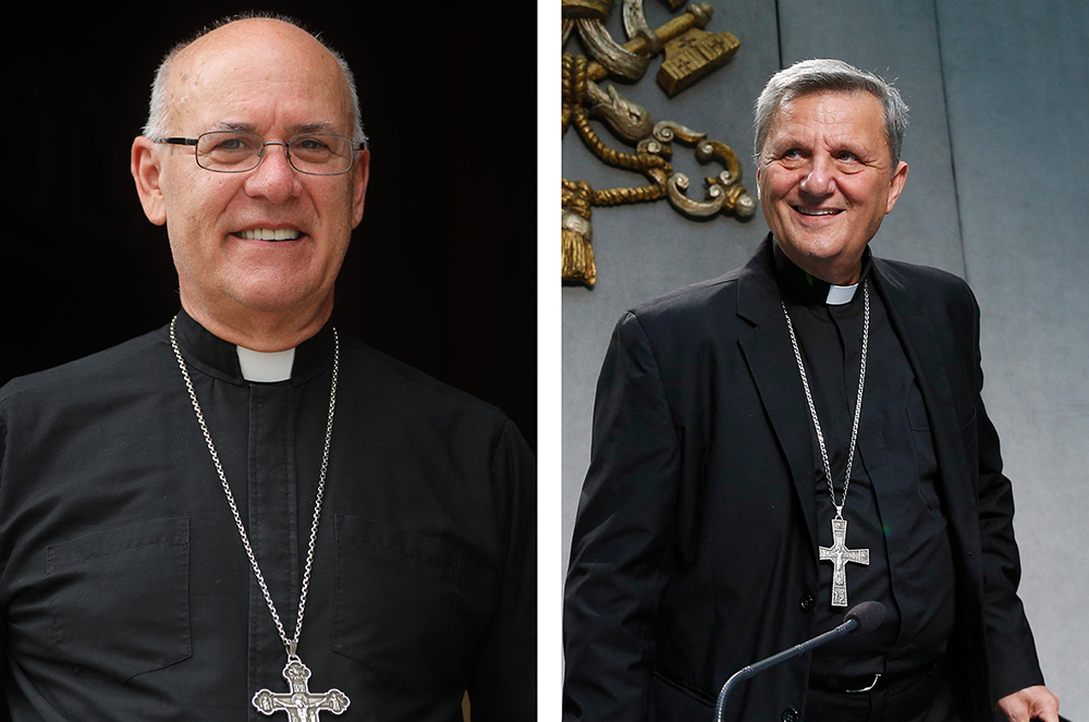 Bishop Kevin Rhoades of Fort Wayne-South Bend, Ind., and Cardinal Mario Grech, secretary-general of the synod, are pictured in a combination photo. Grech gave a talk Feb. 26, 2024, titled "The Role of the Synodal Bishop" at the University of Notre Dame in South Bend, with Bishop Rhoades offering a response. (OSV News/Bob Roller/CNS/Paul Haring)