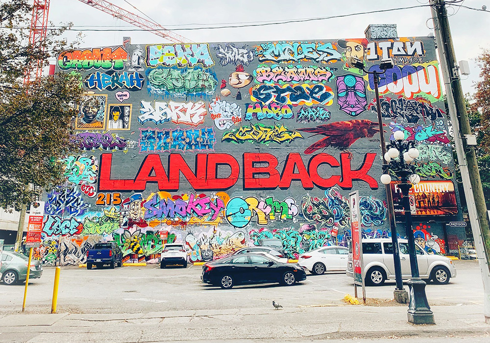 "Abbott Street," a photo of graffiti that says "Landback," taken Oct. 22, 2022, in Vancouver. (Flickr/Edna Winti, CC BY 2.0)