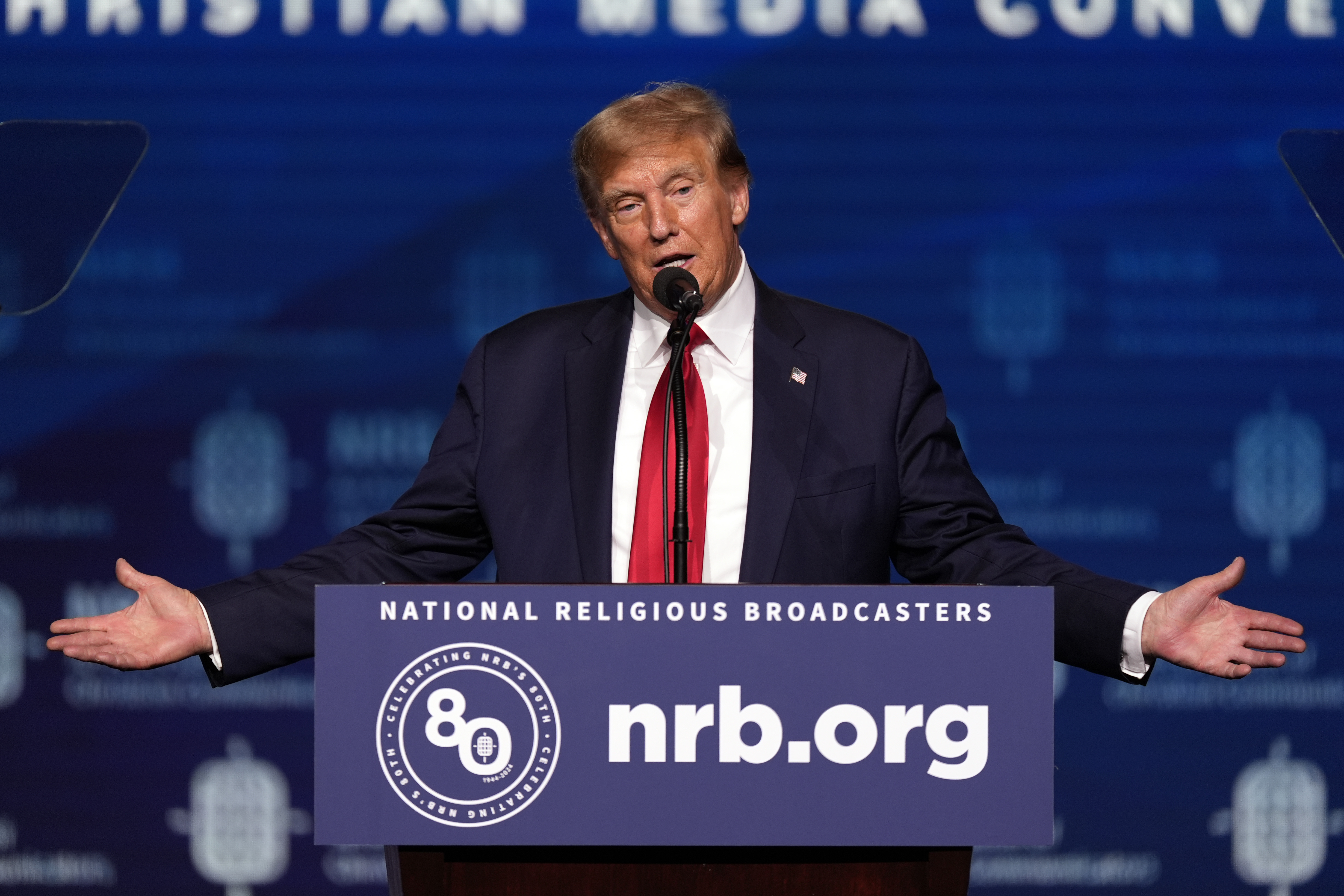 Republican presidential candidate former President Donald Trump speaks at the National Religious Broadcasters convention at the Gaylord Opryland Resort and Convention Center Thursday, Feb. 22, 2024, in Nashville. Republican presidential candidate former President Donald Trump speaks at the National Religious Broadcasters convention at the Gaylord Opryland Resort and Convention Center Thursday, Feb. 22, 2024, in Nashville.