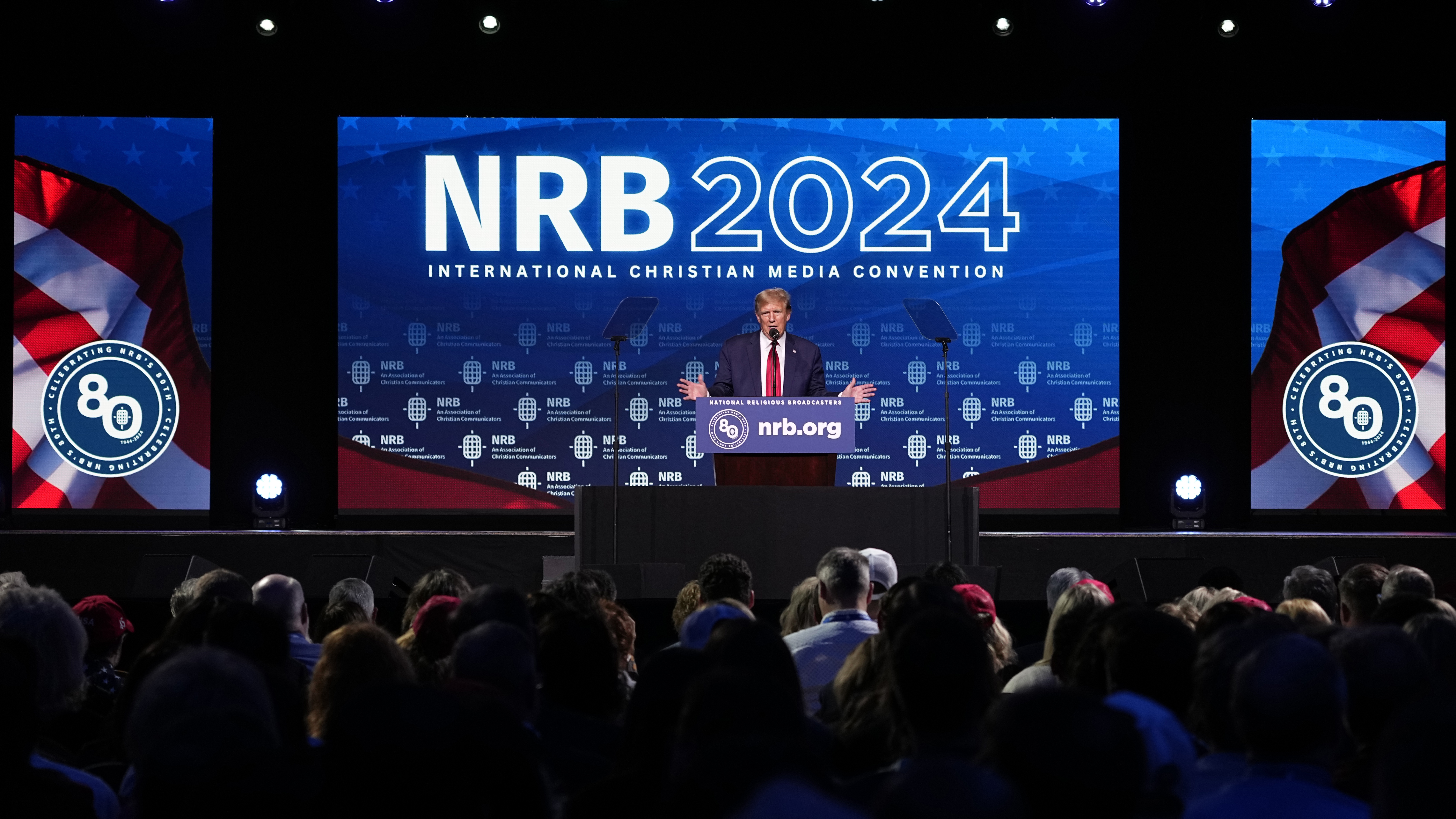 Republican presidential candidate former President Donald Trump speaks at the National Religious Broadcasters convention at the Gaylord Opryland Resort and Convention Center Thursday, Feb. 22, 2024, in Nashville. Republican presidential candidate former President Donald Trump speaks at the National Religious Broadcasters convention at the Gaylord Opryland Resort and Convention Center Thursday, Feb. 22, 2024, in Nashville.
