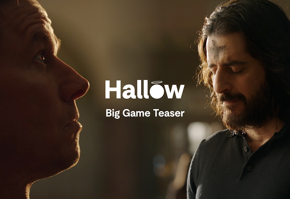 Catholic actors Mark Wahlberg, left, and Jonathan Roumie are seen in the teaser for the Super Bowl ad for Hallow, a Catholic prayer and meditation app. (Courtesy of Hallow)