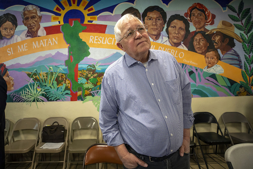 Ruben Garcia, founder and director of Annunciation House in El Paso, Texas, speaks with the media during a news conference Feb. 23. Garcia is reacting to the lawsuit filed by Texas Attorney General Ken Paxton that claims the Annunciation House "appears to be engaged in the business of human smuggling" and is threatening to terminate the nonprofit's right to operate in Texas. (AP/Andres Leighton)