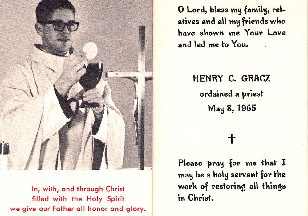 A copy of Henry Gracz's prayer card, for the day of his ordination in 1965 (Courtesy of the Shrine of the Immaculate Conception)