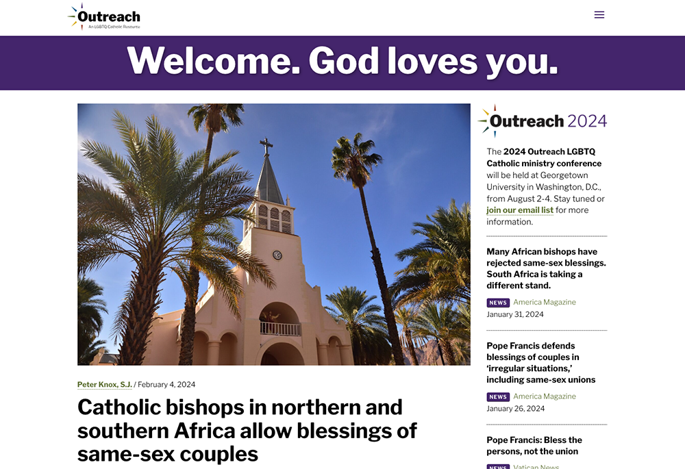 The homepage of Outreach is pictured in a Feb. 5 screengrab. Outreach has named Michael O'Loughlin, a former Boston Globe and America reporter, as its first executive director. (Outreach.faith)