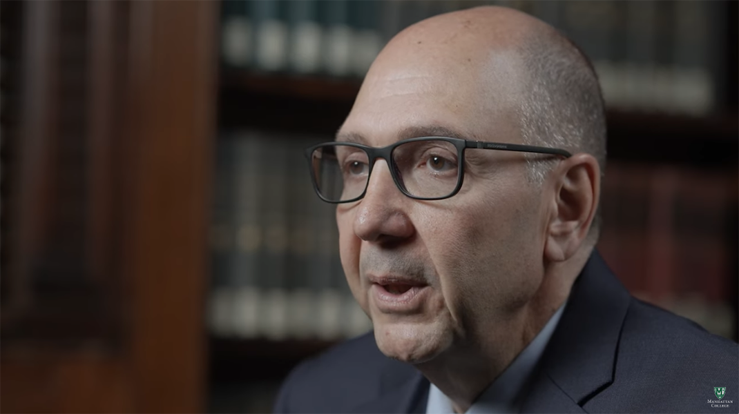 Milo Riverso, president of Manhattan College, pictured in a screengrab from a video message on the college's YouTube channel. (YouTube/manhattancollege) 