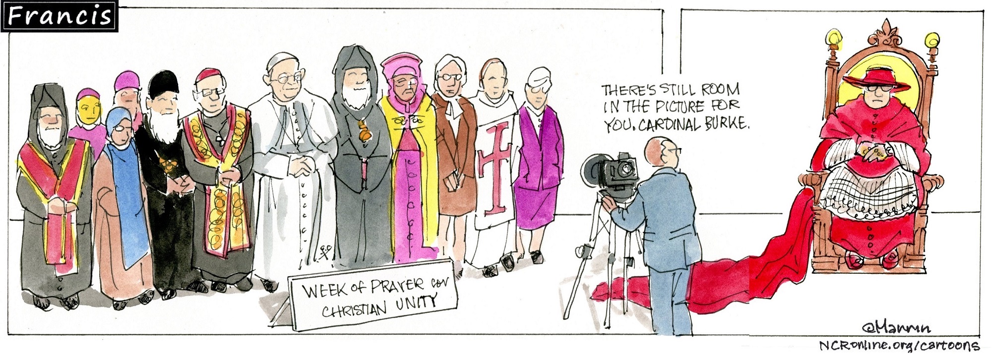 Francis, the comic strip: A special guest is invited to join in praying for Christian unity.