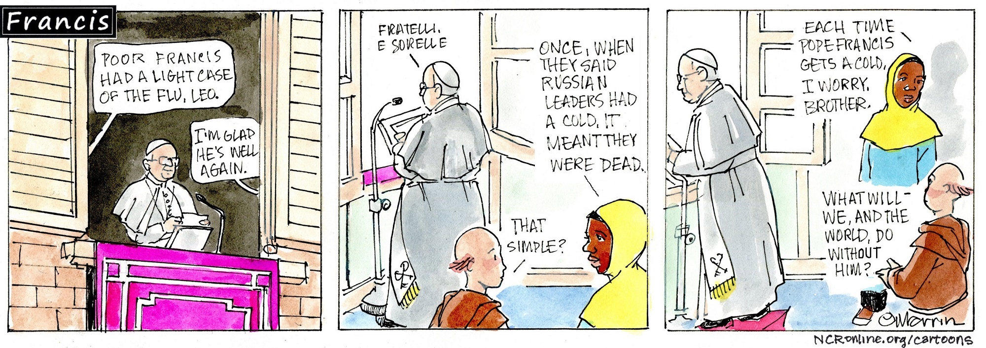 Francis, the comic strip: Francis caught the flu, and Gabby is glad he is feeling better.