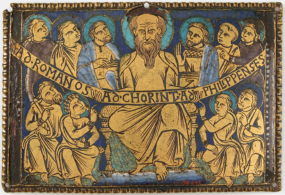 "Plaque with Saint Paul and His Disciples," a circa 1160-80 British plaque; according to the Metropolitan Museum of Art, the inscription "refers to the epistles Paul addressed to the various early Christian communities (Romans, Corinthians, Philippians) among whom he traveled." (Metropolitan Museum of Art)