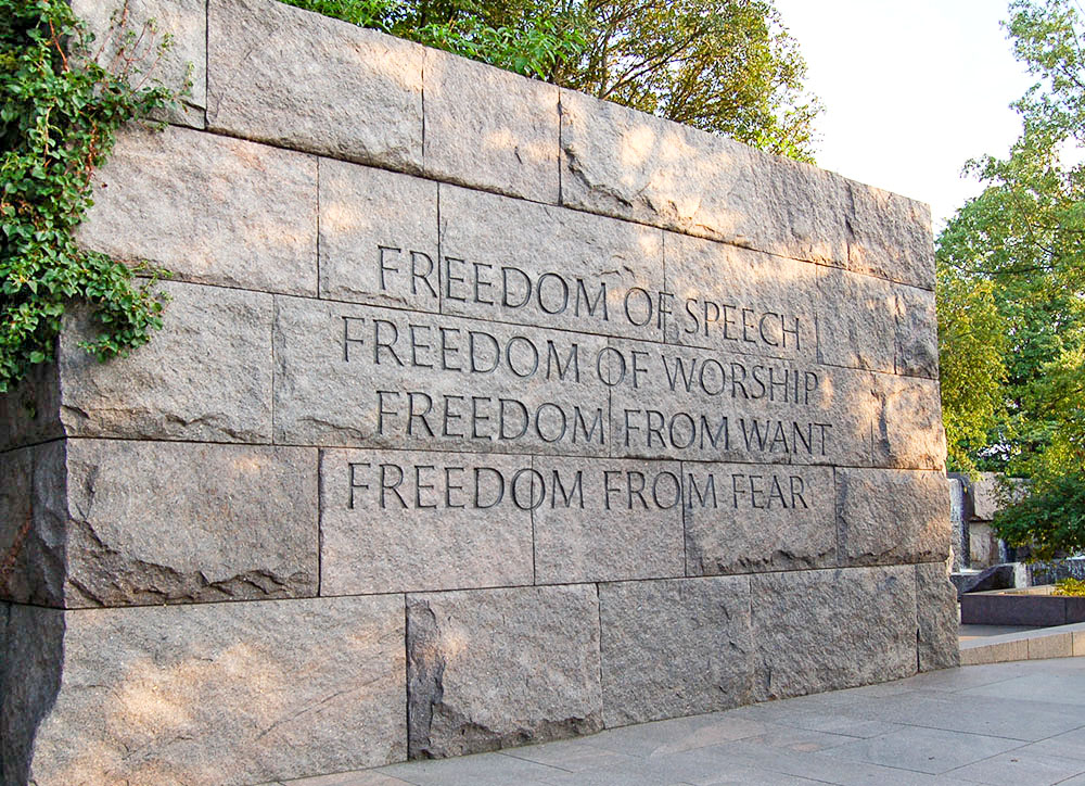 The "Four Freedoms" are displayed on the Franklin Delano Roosevelt Memorial in Washington, D.C. (Wikimedia Commons/Michael Kranewitter)