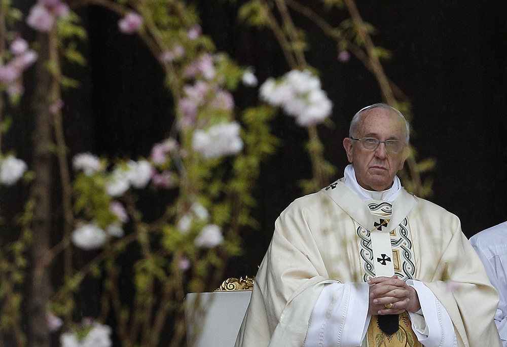 Pope Francis is pictured through flowers as he celebrates Easter Mass in St. Peter's Square at the Vatican in this April 5, 2015, file photo. It can be easy to overlook the Eucharist's ecological significance, writes Daniel Horan, but as Francis has taught in "Laudato Si', On Care for our Common Home," the Eucharist has cosmic implications. (CNS/Paul Haring)