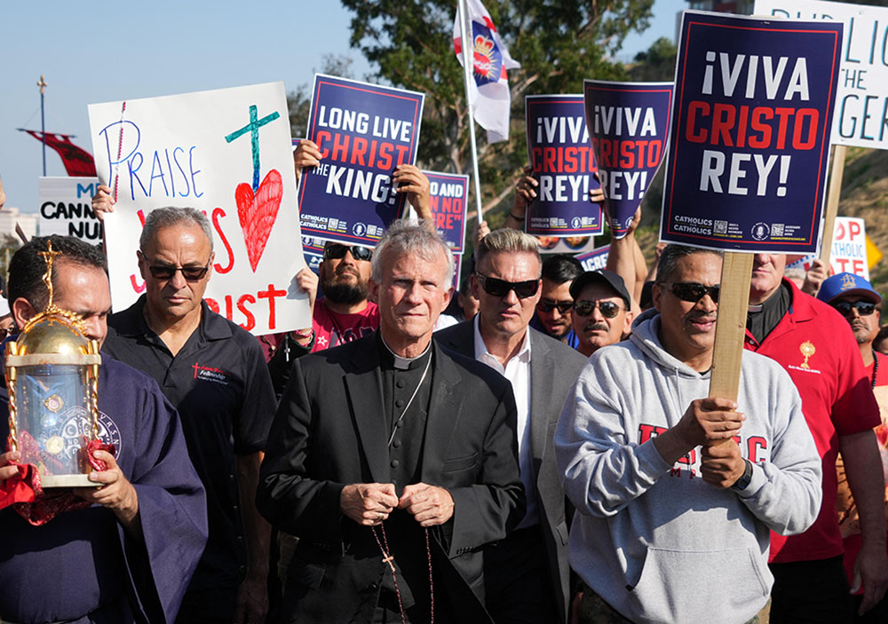 Bishop Joseph Strickland, then head of the Diocese of Tyler, Texas, walks in a procession in Los Angeles June 16, 2023, to protest the Los Angeles Dodgers honoring the "Sisters of Perpetual Indulgence" drag group during the team's LGBTQ+ Pride Night at Dodger Stadium. (OSV News/Kirby Lee-USA TODAY Sports via Reuters)