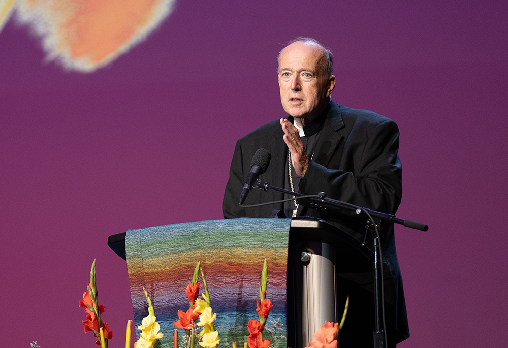 Cardinal Robert McElroy of San Diego speaks about his experience as a delegate to the Synod on Synodality in October 2023 at the Vatican during a talk Feb. 16 at the Los Angeles Religious Education Congress in Anaheim. (OSV News/Courtesy of Archdiocese of LA Digital Team)