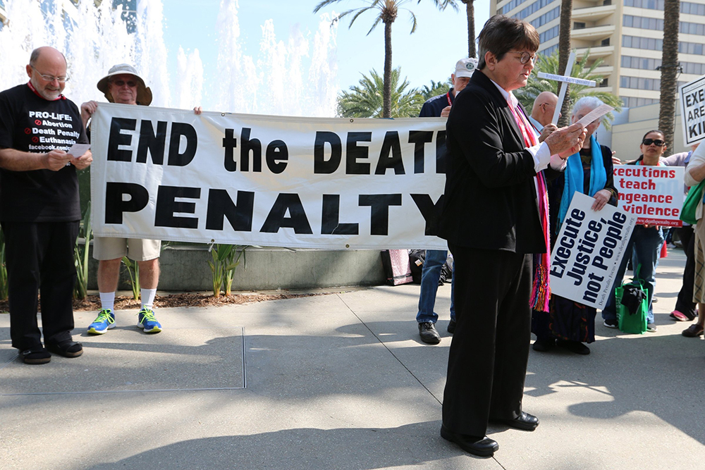 Sr. Helen Prejean, a death penalty abolitionist, is seen in Anaheim, California, calling for an end to the death penalty in this 2016 file photo. In a statement issued through the progressive group MoveOn, the Sister of St. Joseph said her mission was both to serve as Texas death-row inmate Ivan Cantu's spiritual adviser during his incarceration and "publicly share the injustice" of his execution Feb. 28, 2024. (OSV News/CNS file/The Tidings/J.D. Long-Garcia)