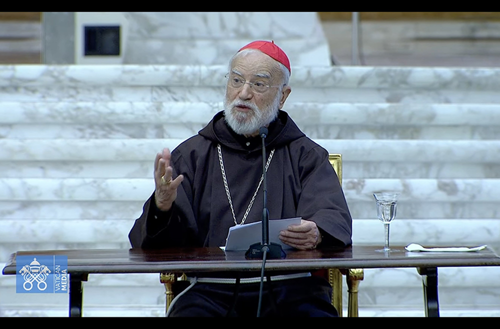 Cardinal Raniero Cantalamessa, preacher of the papal household, offers a Lenten meditation for members of the Roman Curia and Vatican employees in the Paul VI Audience Hall at the Vatican March 1, 2024. (CNS screengrab/Vatican Media)