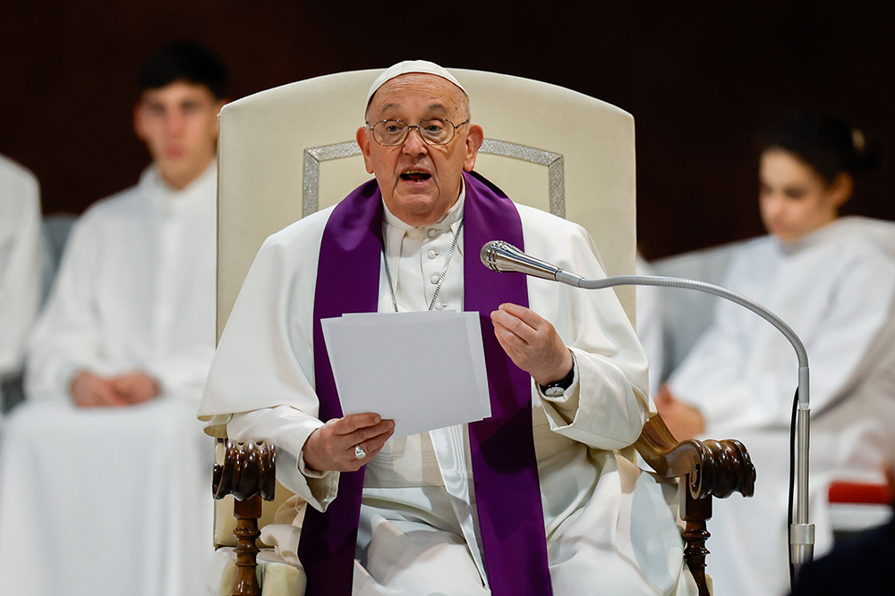 Pope Francis gestures as he gives his homily during a Lenten penance service March 8, 2024, at the parish of St. Pius V in Rome. (CNS/Lola Gomez)