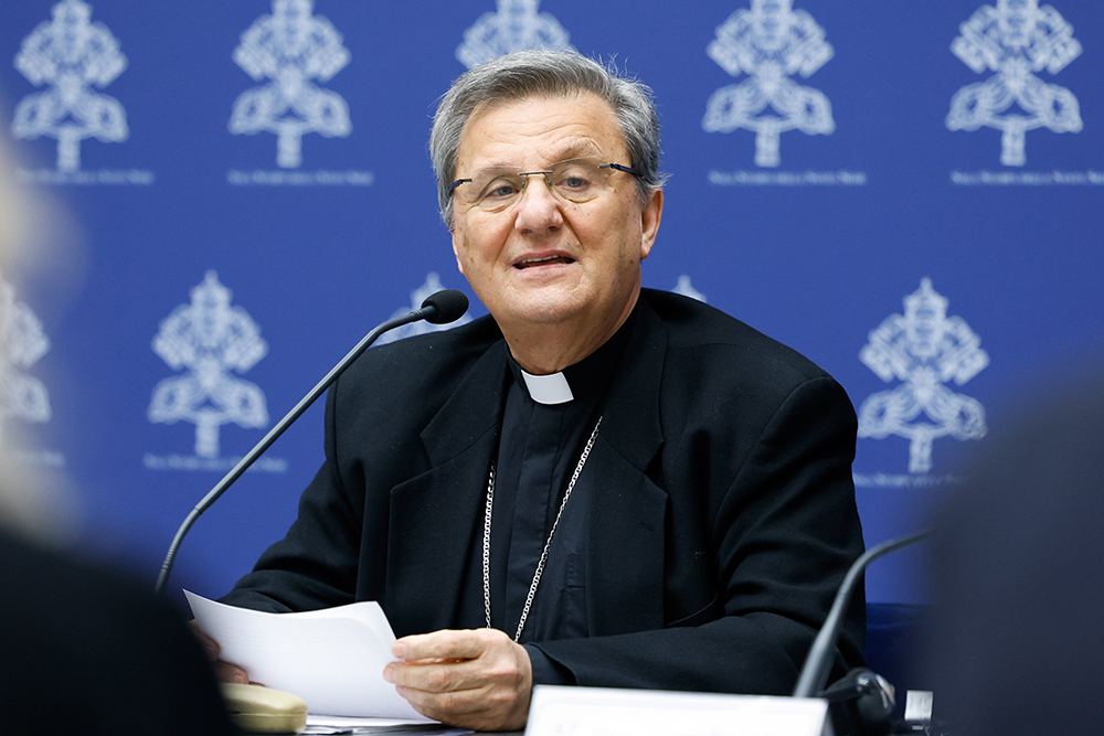 Cardinal Mario Grech, secretary-general of the Synod of Bishops, speaks at a news conference at the Vatican March 14, 2024, about study groups authorized by Pope Francis to examine issues raised at the synod on synodality. (CNS/Lola Gomez)