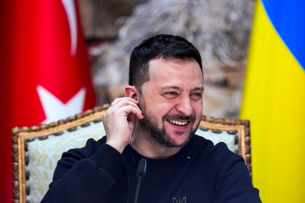 Ukrainian President Volodymyr Zelenskyy smiles during a joint news conference with Turkish President Recep Tayyip Erdogan following their meeting at Dolmabahce Palace in Istanbul, Turkey, on March 8.