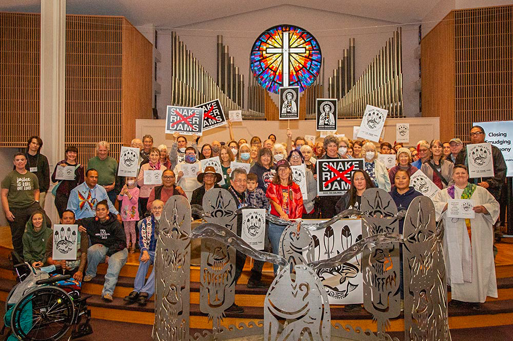 An All Our Relations event organized by Se’Si’Le’ at United Churches of Olympia in Olympia, Washington, Sept. 23, 2023, featured a hand-crafted steel sculpture created for the Snake River Campaign by Lummi Nation members A. Cyaltsa Finkbonner and master carver Jewell James. (Courtesy of the Nez Perce Tribe)