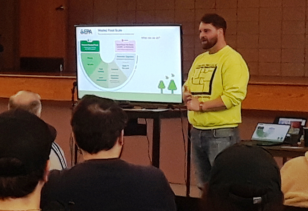 Ben Carson, educator and consultant for the St. Joseph County Solid Waste Management District in Indiana, presents during a composting workshop at St. Thérèse, Little Flower Catholic Church in South Bend, Indiana, on March 9. (Catherine Odell)