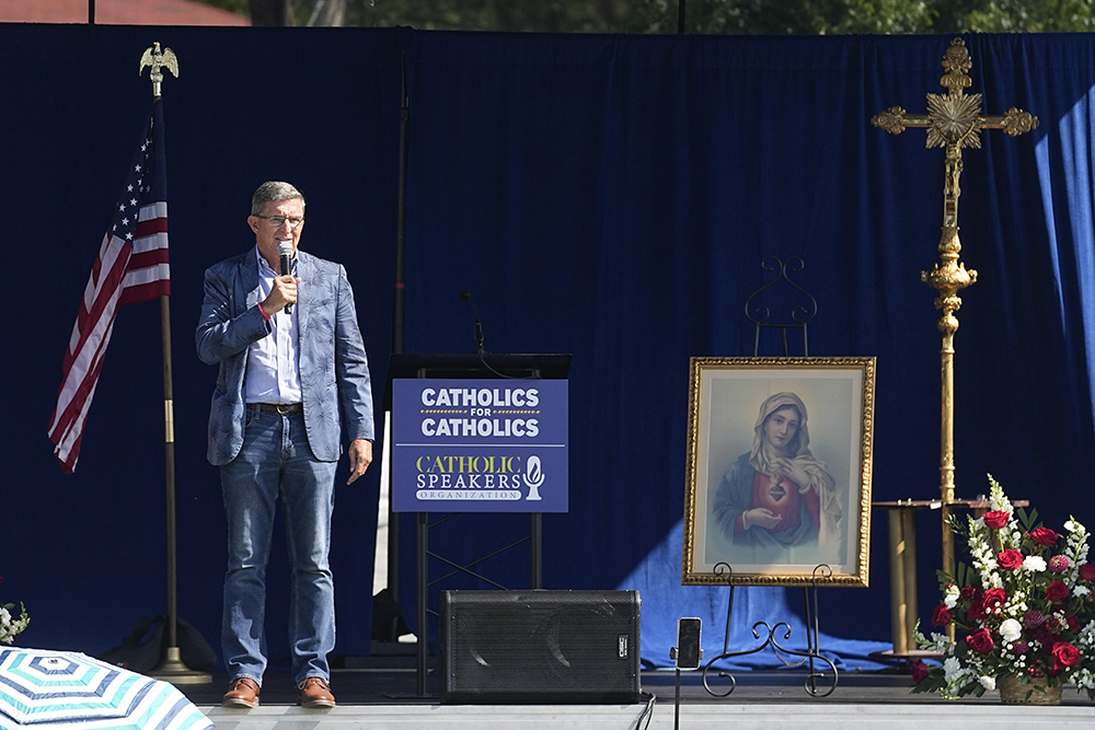 Former national security adviser Michael Flynn speaks during an anti-abortion "rosary rally" organized by the group Catholics for Catholics on Aug. 6, 2023, in Norwood, Ohio. (AP/Darron Cummings)