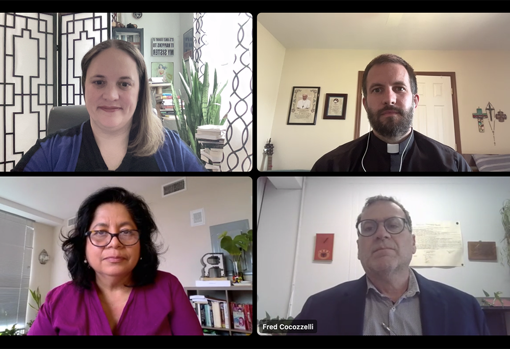 Clockwise, from top left: Host/moderator Meghan Clark, associate professor of theology and religious studies and assistant chair of St. John's College of Liberal Arts and Sciences; Jesuit Fr. Brian Strassburger, director of Del Camino Jesuit Border Ministries; Fred Cocozzelli, chair of the department of government and politics at St. John's University; and Rhina Guidos, GSR Latin America regional correspondent, take part in discussion on the Catholic Church in Nicaragua. (Screenshot by Melody Finnemore)