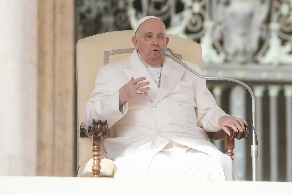 Pope Francis speaking. Pope Francis holds weekly general audience in St. Peter's Square on March 6, 2024.