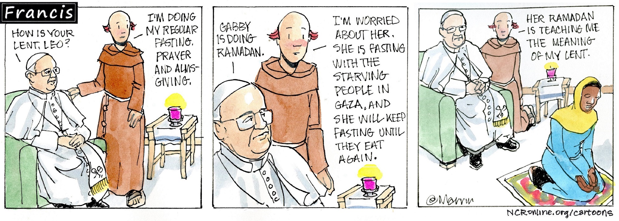 Francis, the comic strip: Francis checks in to see how Lent is going.