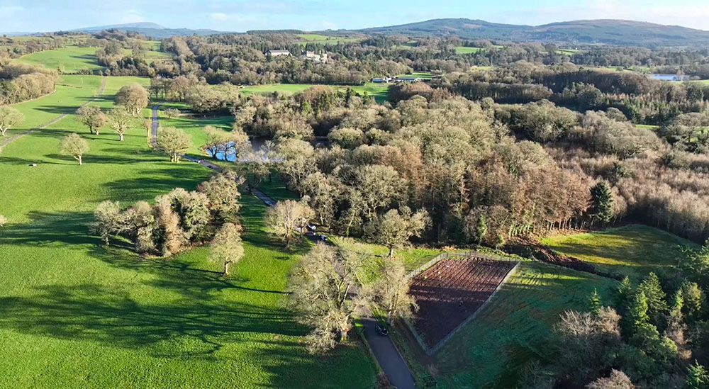 An aerial view of the grounds of Glenstal Abbey in County Limerick, Ireland, where a quarter of an acre site donated to the 100 Million Trees Project can be seen. The project planted 2,500 native Irish saplings at the site on Jan. 5. (Courtesy of 100 Million Trees Project)