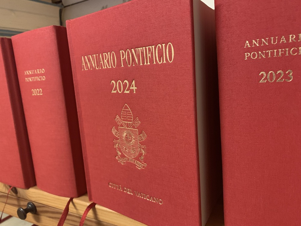 Red and gold front cover of Papal Yearbooks, arranged facing out on shelf