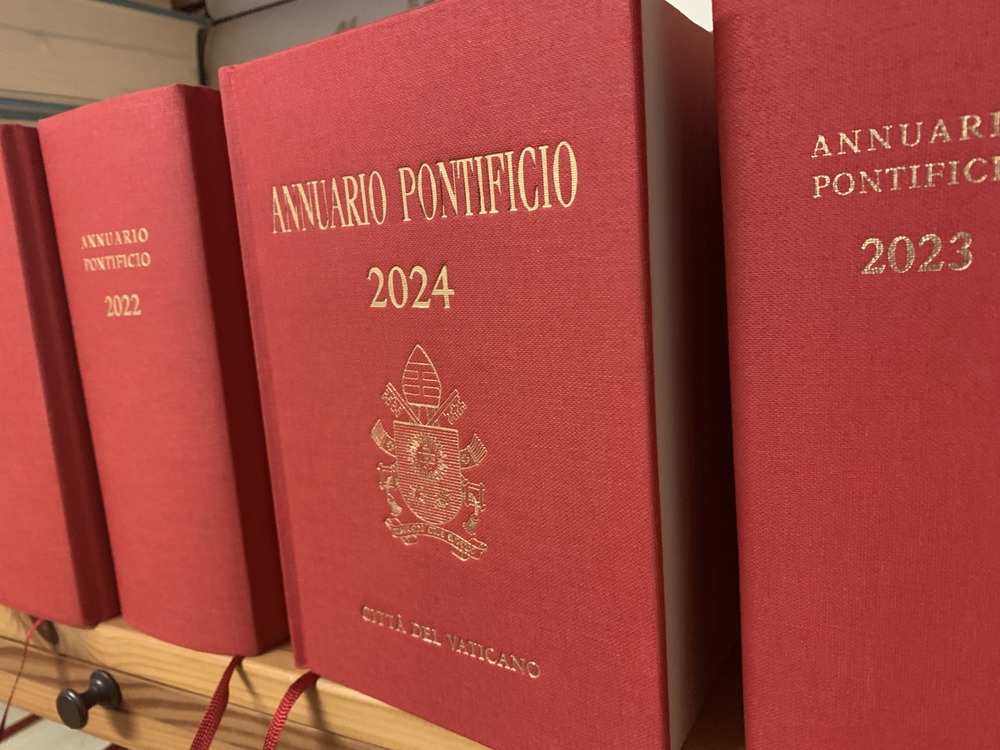 "Patriarch of the West", Papal Yearbook 2024 Red and gold front cover of Papal Yearbooks, arranged facing out on shelf