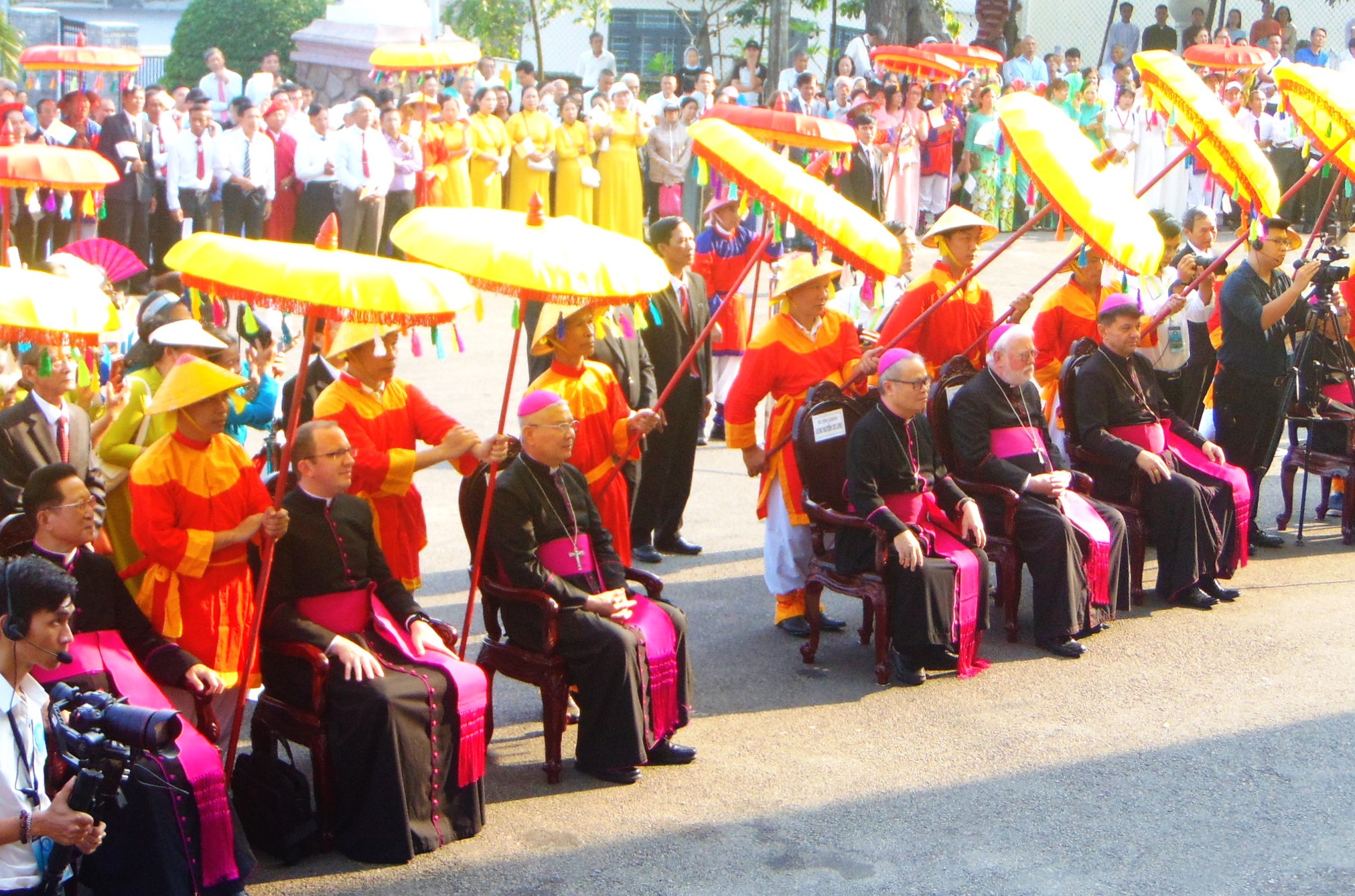 Archbishop Paul Gallagher, the Vatican's foreign minister, joined local bishops to watch a cultural performance in front of Phu Cam Cathedral in Hue on April 12. 