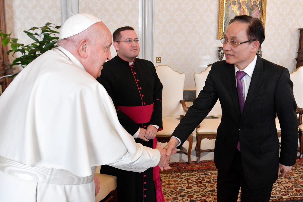 Pope Francis meets with Lê Hoài Trung, member of the Communist Party of Vietnam's central committee and chairman of its commission for external relations, at the Vatican Jan. 18. 