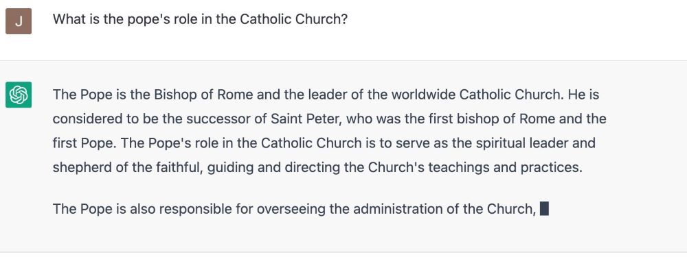 ChatGPT, an artificially intelligent chatbot created by OpenAI, generated this response to a question posed by Catholic News Service in Rome March 23, 2023. 