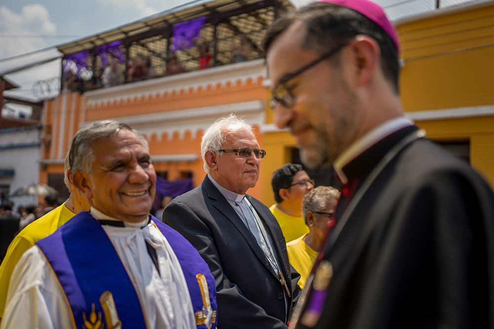 Cardinal Álvaro Ramazzini, center back, waits for the start of a religious procession in Guatemala City March 23. (AP/Moises Castillo)