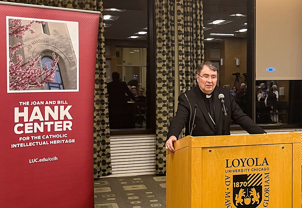 Cardinal Christophe Pierre, the U.S. papal nuncio, gives the Cardinal Bernardin lecture at Loyola University Chicago April 11. His talk was titled, "Pope Francis: Discernment and the Dialectic of Mercy." (Courtesy of Loyola University, Hank Center for the Catholic Intellectual Heritage)