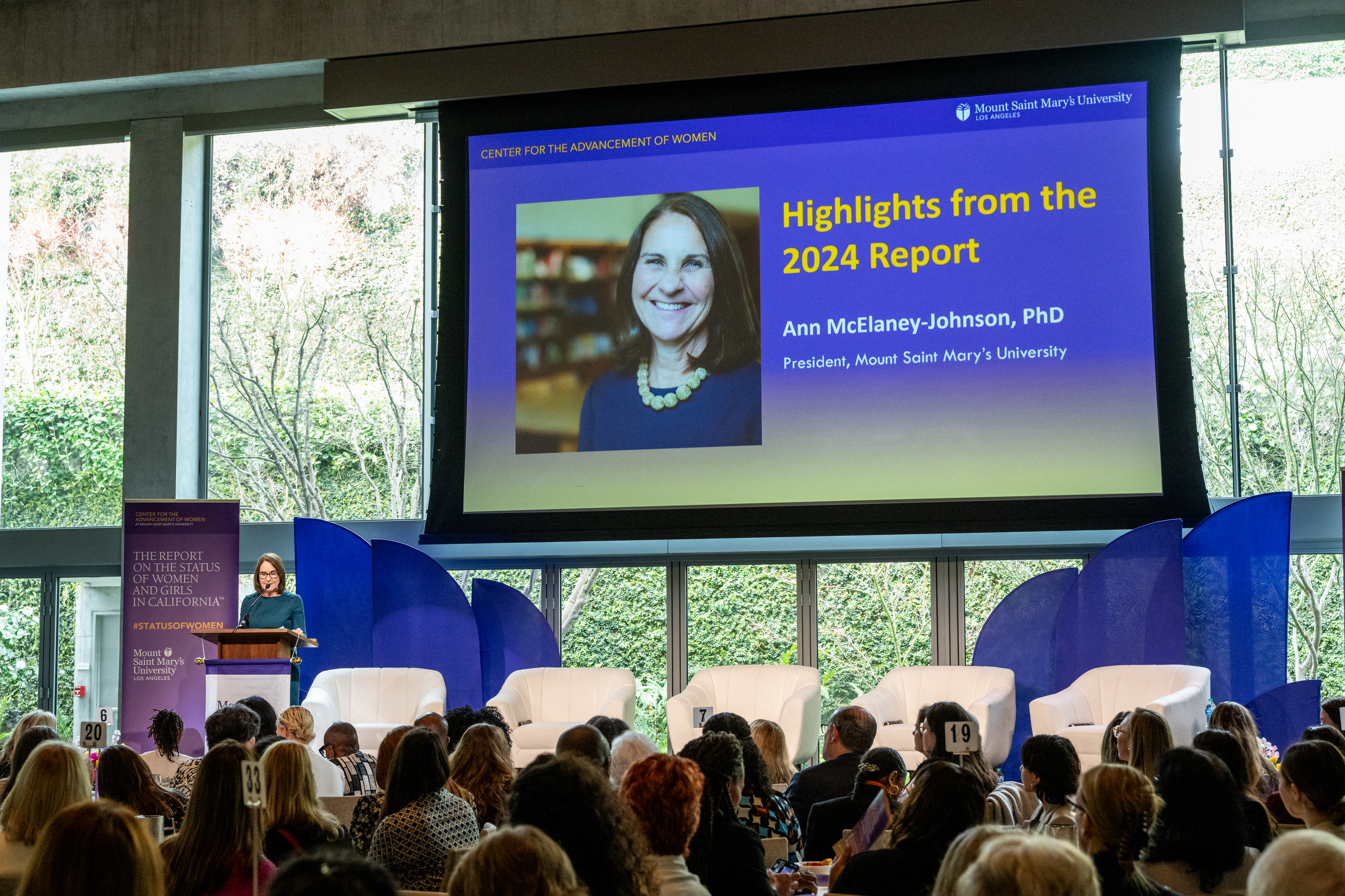 Ann McElaney-Johnson, president of Mount St. Mary's University, Los Angeles is seen speaking at the Skirball Cultural Center for the release of the 13th edition of "The Report on the Status of Women and Girls in California." (Courtesy of Mount St. Mary's University, Los Angeles)