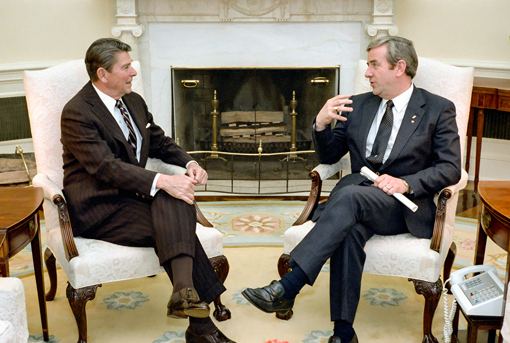 President Ronald Reagan meets with Jerry Falwell at the Oval Office in the White House in Washington, D.C., March 15, 1983. (Wikimedia Commons/U.S. National Archives and Records Administration)