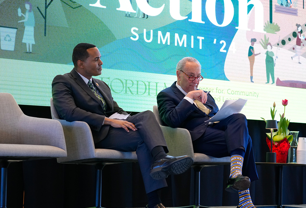 Senate majority leader Chuck Schumer, D-NY, and U.S. Rep. Ritchie Torres attend a daylong climate action summit at Fordham University's Bronx campus April 8. (Courtesy of Fordham University)