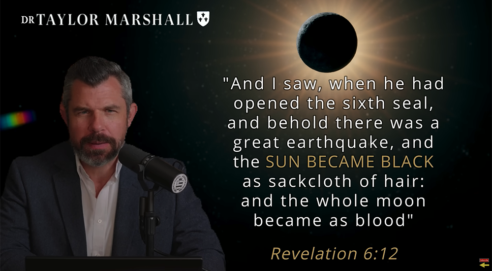 Taylor Marshall is pictured in this screenshot, speaking during a 10-minute YouTube video titled "Solar Eclipse? Black Sun in the Apocalypse?" (NCR screenshot/YouTube/Dr Taylor Marshall)