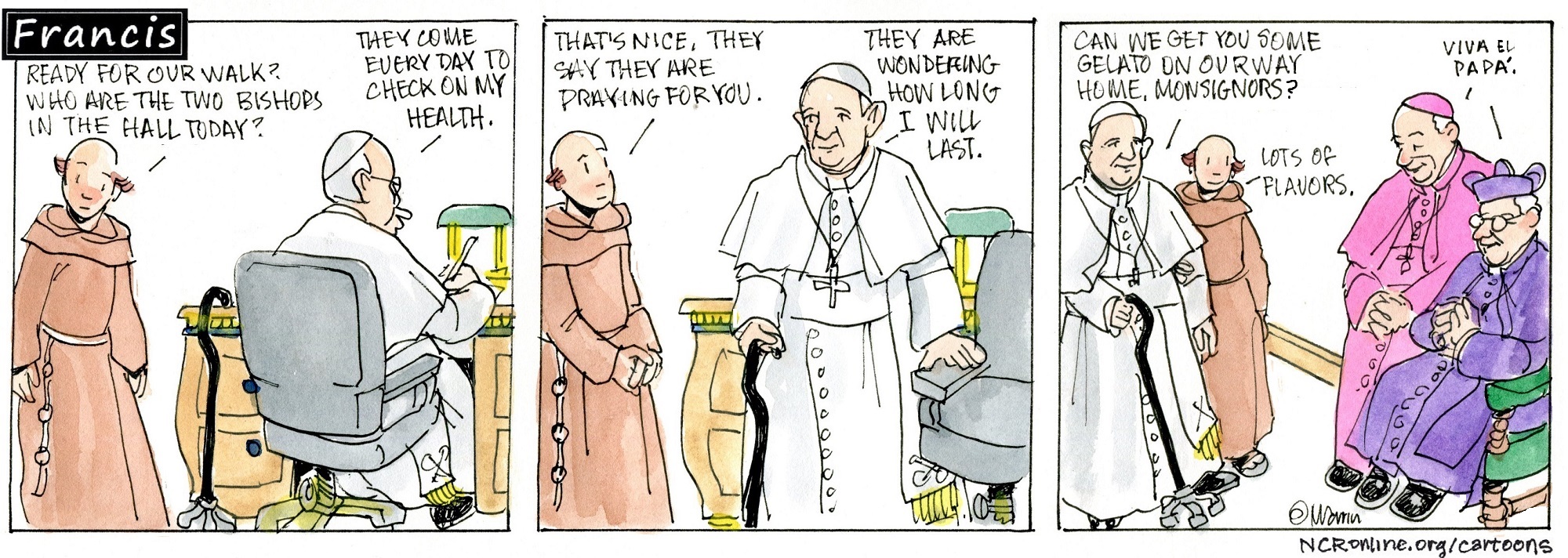 Francis, the comic strip: Two bishops visit Francis every day to check on his health. So thoughtful!