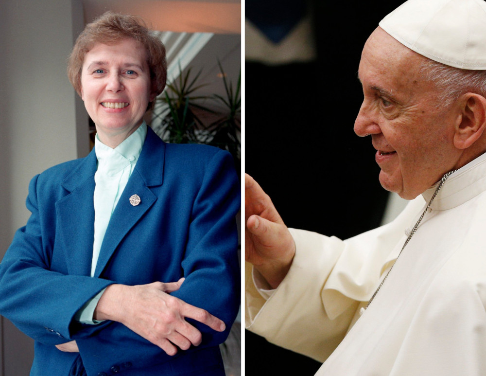 Loretto Sister Jeannine Gramick, seen in this 2001 file photo, and Pope Francis, are seen in this composite photo. (CNS composite; photos by Nancy Wiechec and Paul Haring)