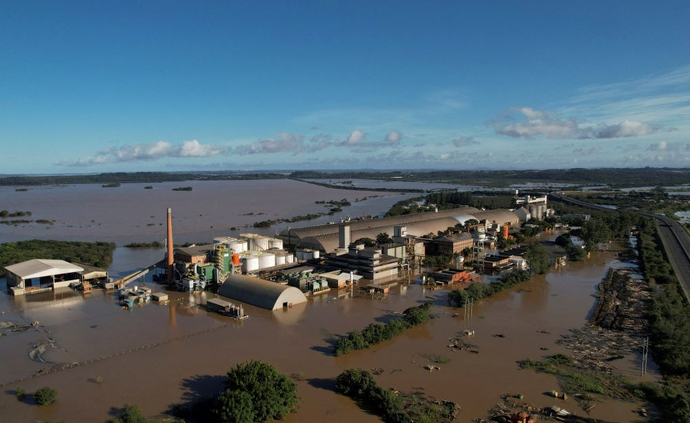 A drone view shows a Bianchini company warehouse at a flooded area in Canoas in Brazil's Rio Grande do Sul state May 14, 2024. (OSV News photo/Adriano Machado, Reuters)