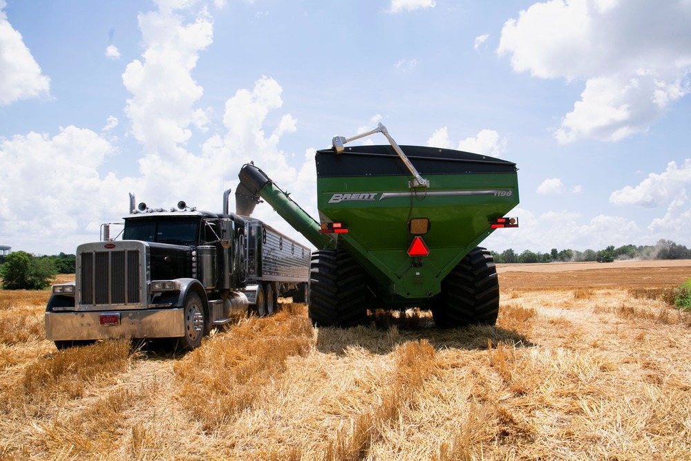 US Farm Bill 2024, Catholic Relief Services Combine feeds wheat into semi-truck trailer.